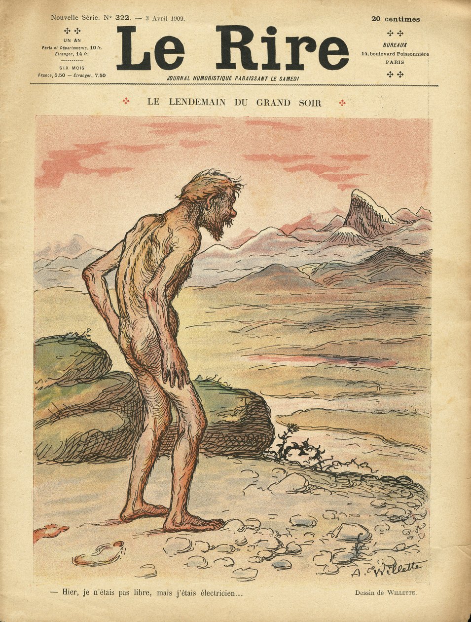 Ilustracja przedstawiająca Adolphe dit Willette (1857-1926) na okładkę Le Lire, 03.04.09 - Le next day du grand soir - Social, Prehistoire, Collectivism - Nudite autorstwa Adolphe Leon Willette