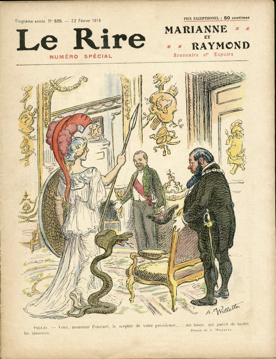 Ilustracja Adolphe dit Willette (1857-1926) na okładkę Le Rire, 22.02.13 - Prezydent Republiki, Kapelusz, Elysee, Fotel (symbol władzy) - Poinscare Raymond autorstwa Adolphe Leon Willette