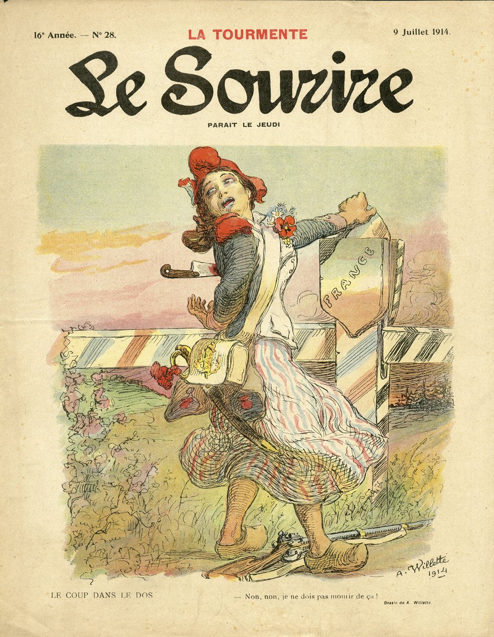 Ilustracja Adolphe dit Willette (1857-1926) na okładkę Le Smile, nr 28, 09.07.14 - Cios w plecy - Nacjonalizm, Rewolucja Francuska, Wojna 14-18 pierwszych myszy, Granice - Marianne autorstwa Adolphe Leon Willette
