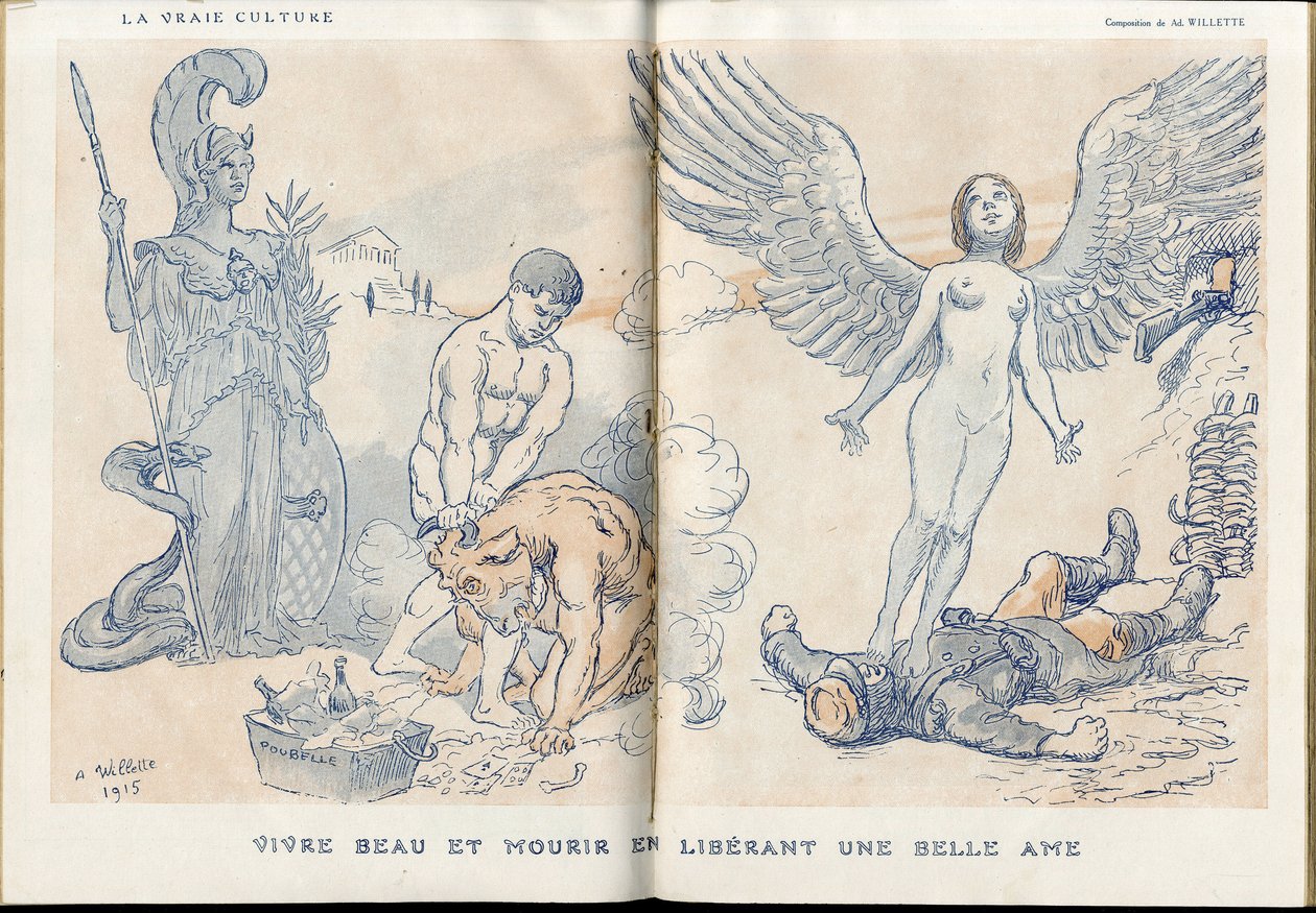 Ilustracja przedstawiająca Adolphe dit Willette (1857-1926) w „”Fantasio”””, 01.05.15 - Żyć pięknie i umierać poprzez uwolnienie pięknej duszy - Wojna 14-18, Martwe trupy, Barbary/Kultur, Jam of Skull - Żołnierze autorstwa Adolphe Leon Willette