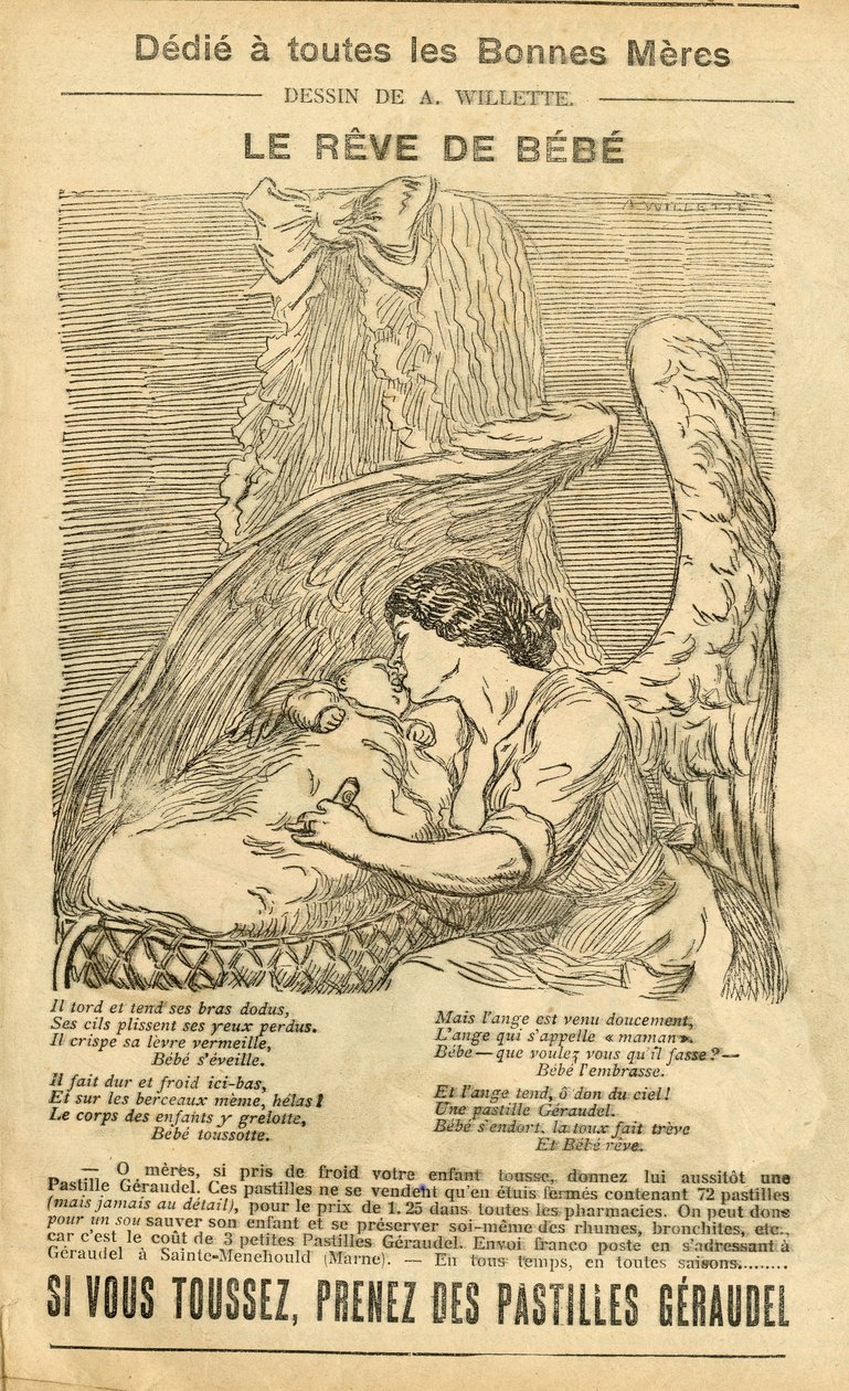 Ilustracja przedstawiająca Adolphe dit Willette (1857-1926) w Le Pelerin, 22.12.07 - Sen dziecka - Reklama reklamacyjna, Macierzyństwo - Anioł autorstwa Adolphe Leon Willette