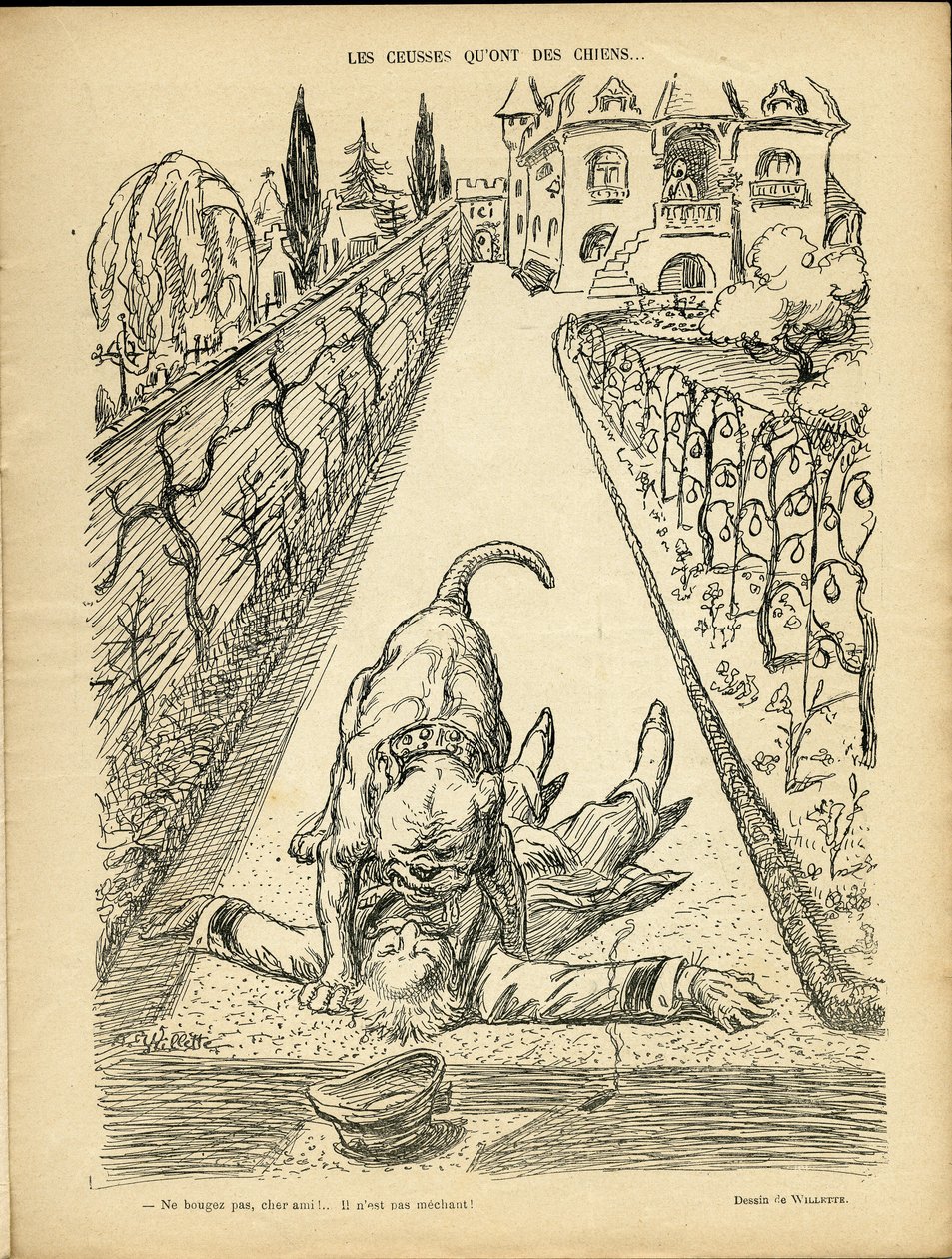 Ilustracja przedstawiająca Adolphe dit Willette (1857-1926) w Le Rire, 27.02.09 - Ceusses, które mają psy - Architektura Urbanistyka, Zwierzęta - Pies, Pitt-Bull autorstwa Adolphe Leon Willette