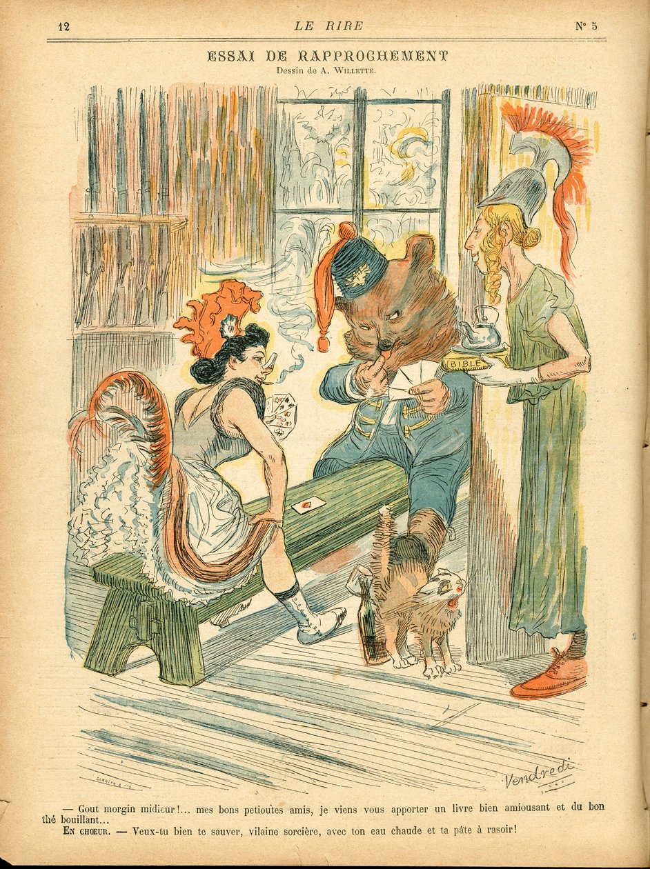 Śmiech, Satyryka w kolorach: Tie de rapprochement - Gra w karty - Marianne, Niedźwiedź, Albion Britania - Ilustracja Adolphe (Willette) (1857-1926) autorstwa Adolphe Leon Willette