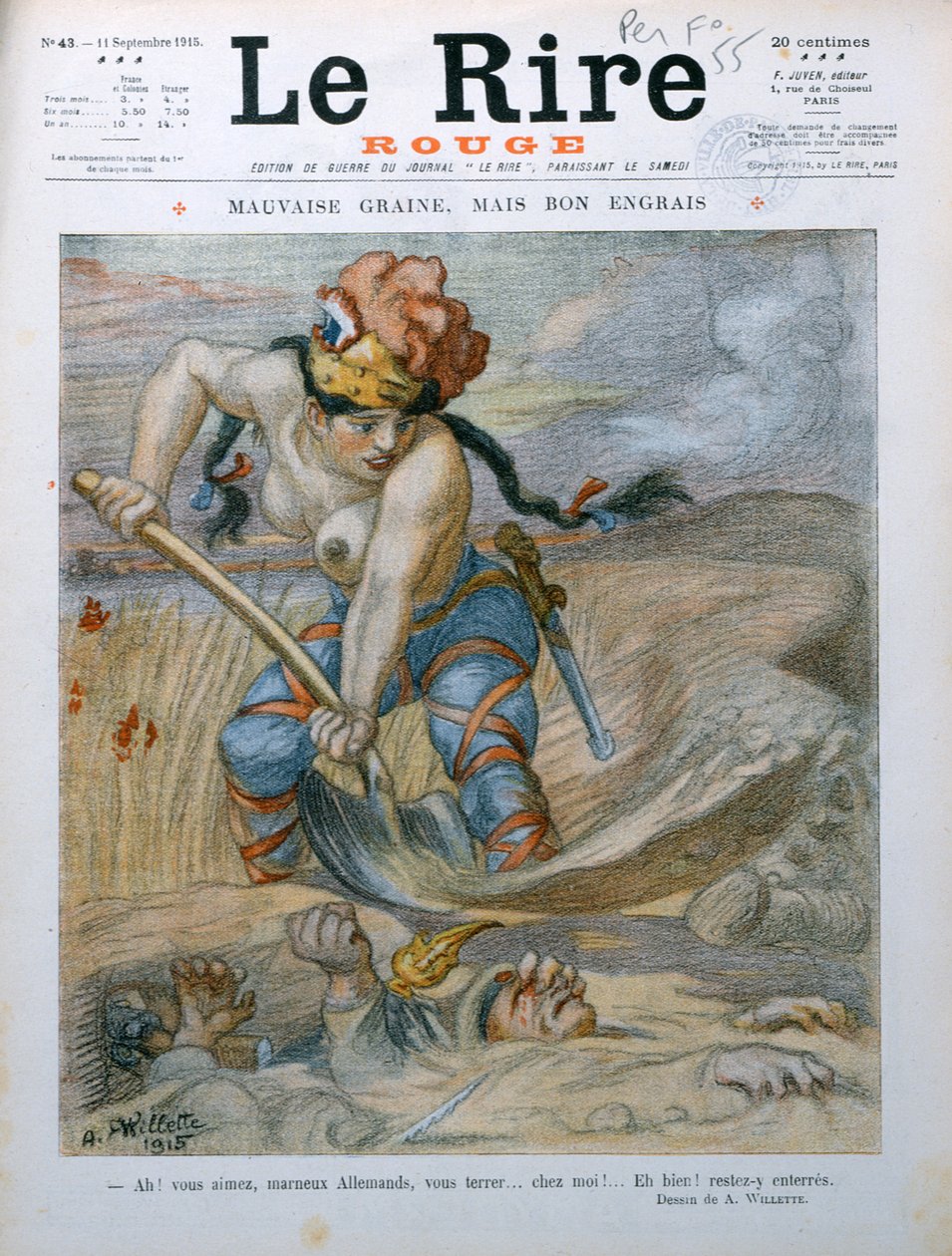 Marianne zakopuje niemieckich żołnierzy w okopach Marne, karykatura z magazynu „Le Rire Rouge”, 11 września 1915 autorstwa Adolphe Leon Willette