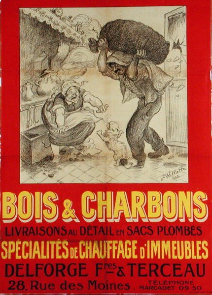Plakat reklamujący „Delforge, Freres & Terceau”, dostawców drewna i węgla autorstwa Adolphe Leon Willette