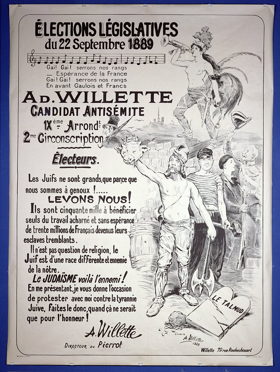 Plakat promujący wybór artysty w wyborach ustawodawczych we wrześniu 1889 r. autorstwa Adolphe Leon Willette