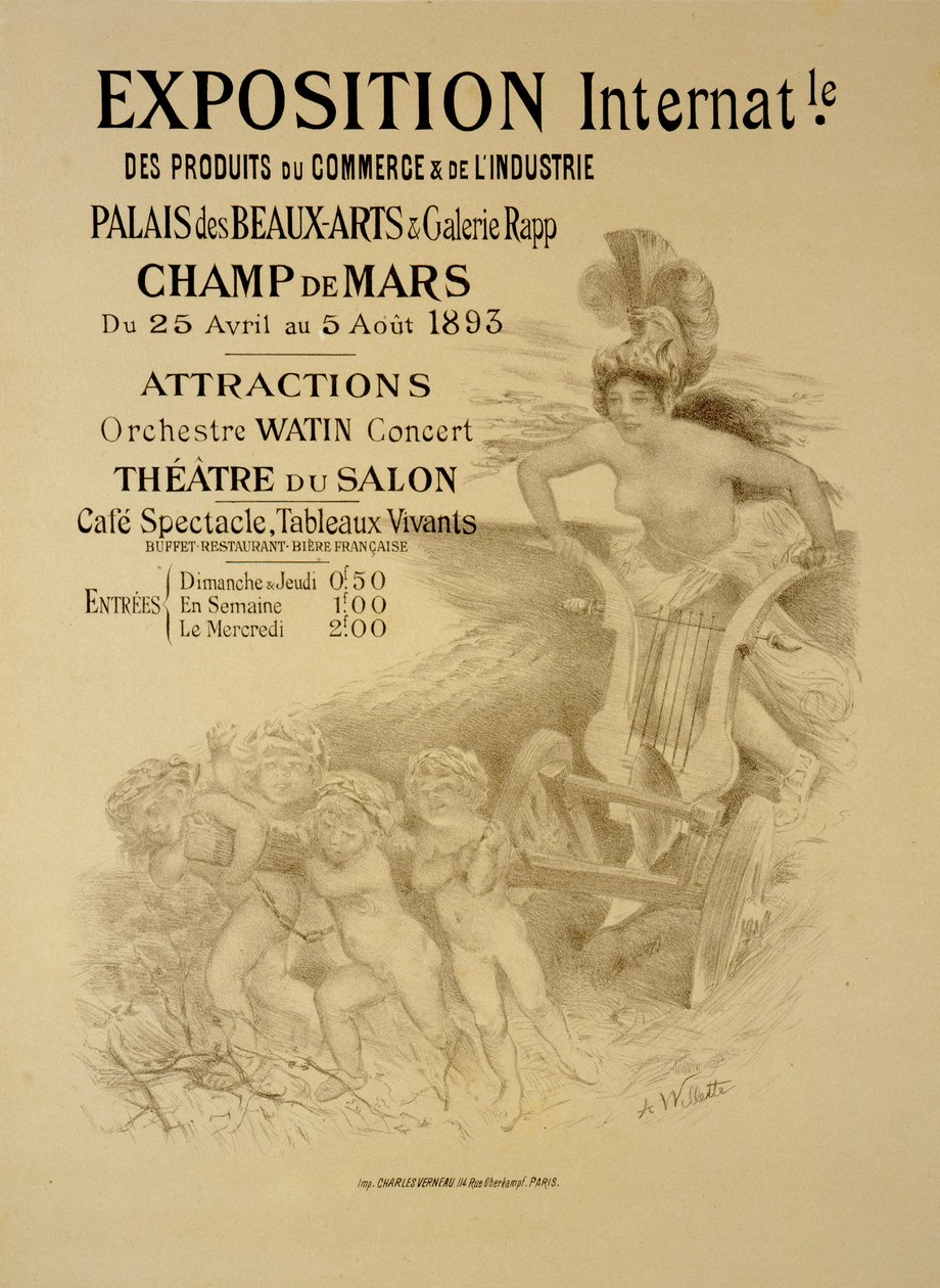 Reprodukcja plakatu reklamującego Międzynarodową Wystawę Produktów Handlowych i Przemysłowych, Palais des Beaux-Arts i Galerie Rapp, Champ de Mars, Paryż, 1893 autorstwa Adolphe Leon Willette