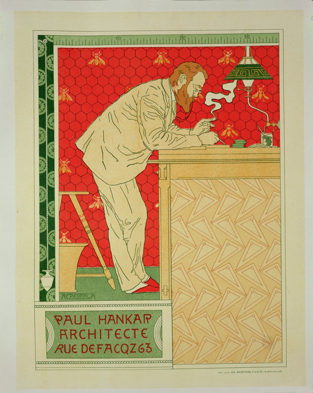 Reprodukcja plakatu reklamującego „Pan Paul Hankar, Architekt”, Rue Defacqz, 1894 autorstwa Adolphe Louis Charles Crespin