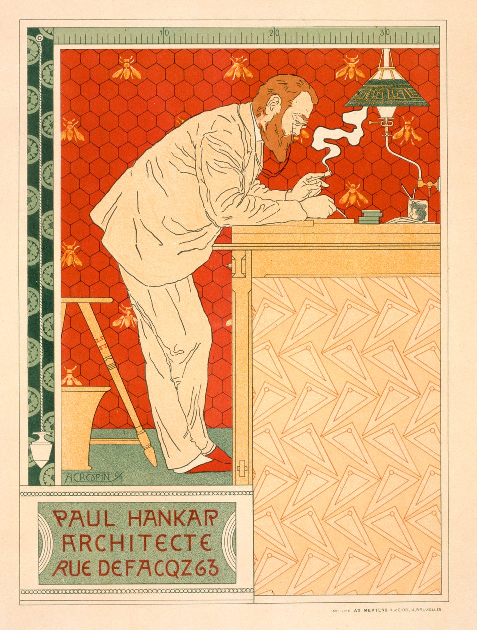 Reprodukcja plakatu reklamującego praktykę architektoniczną Paula Hankara, 1894 autorstwa Adolphe Louis Charles Crespin