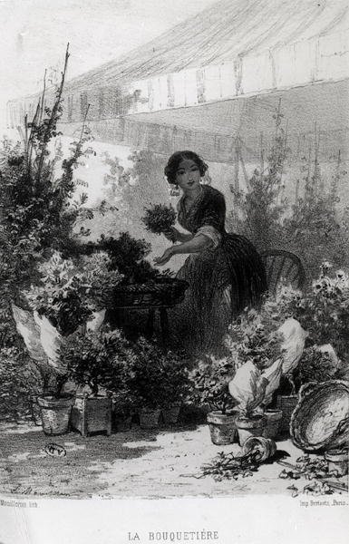 Sprzedawca kwiatów, połowa XIX wieku (zdjęcie czarno-białe) autorstwa Adolphe Mouilleron