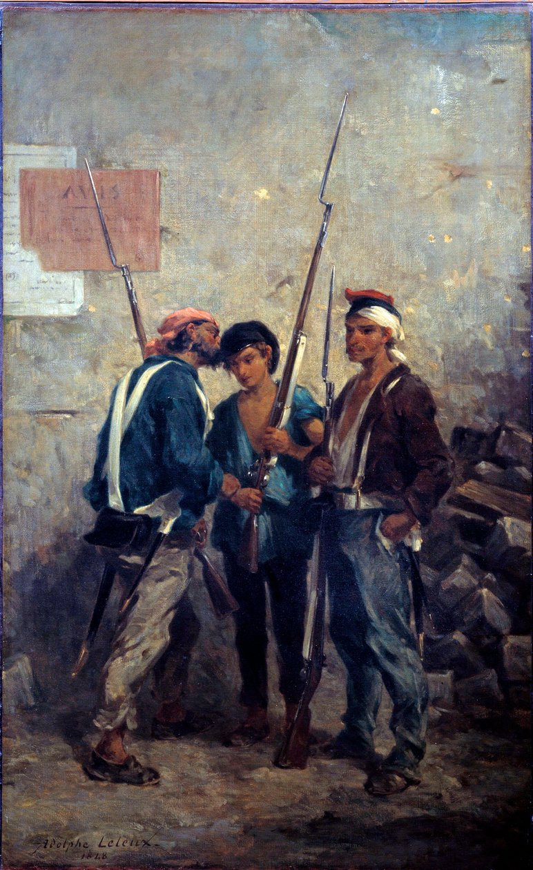 Rewolucja 1848 r.: „”hasło”””” Powstańcy paryscy przekazujący słowo przy barykadach w dniu 24.02.1848 r. Obraz Adolphe Pierre Leleux (1812-1891) 1848 Nd. 0,93x0,58 m² autorstwa Adolphe Pierre Leleux