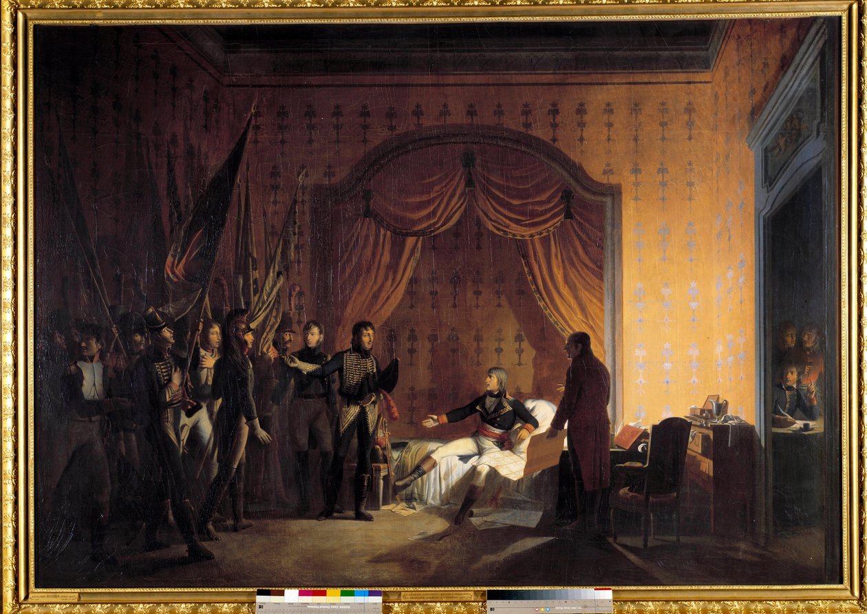 Pierwsza kampania Włoch (1796-1797): „” Napoleon Bonaparte (1769-1821) otrzymujący w Millesimo flagi Austrosard zdobyte podczas bitwy o Montenotte i zdobycia Cosarii, przedstawione przez generałów Marmonta i Jeana Andoche Junot (Jean-Andoche) ( 1771-1813) autorstwa Adolphe Roehn