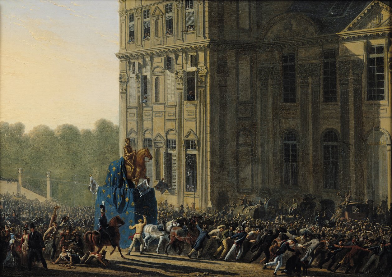 Transport posągu Henryka IV (1553-1610) przed Pawilonem Flory w Luwrze, 1818 r. autorstwa Adolphe Roehn