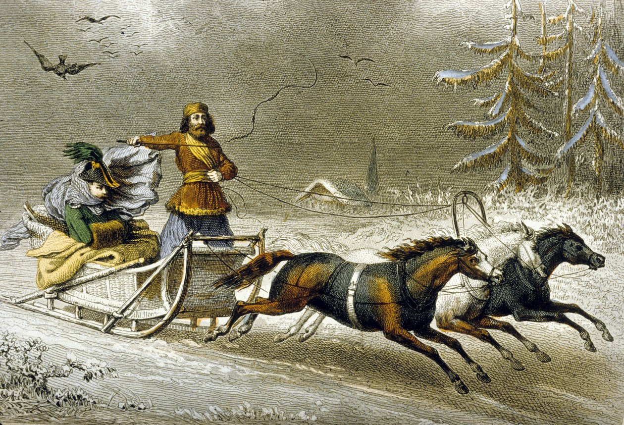 Sanie w śniegu, Rosja (kolor grawerowany) autorstwa Adolphe Rouargue