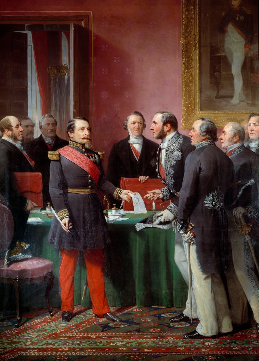 Imperatorius Napoleonas III (1808-1873) perdavė baronui Georgesui Haussmannui (1809-1891) kaimyninių savivaldybių aneksijos dekretą 1859 m. birželio mėn. autorstwa Adolphe Yvon
