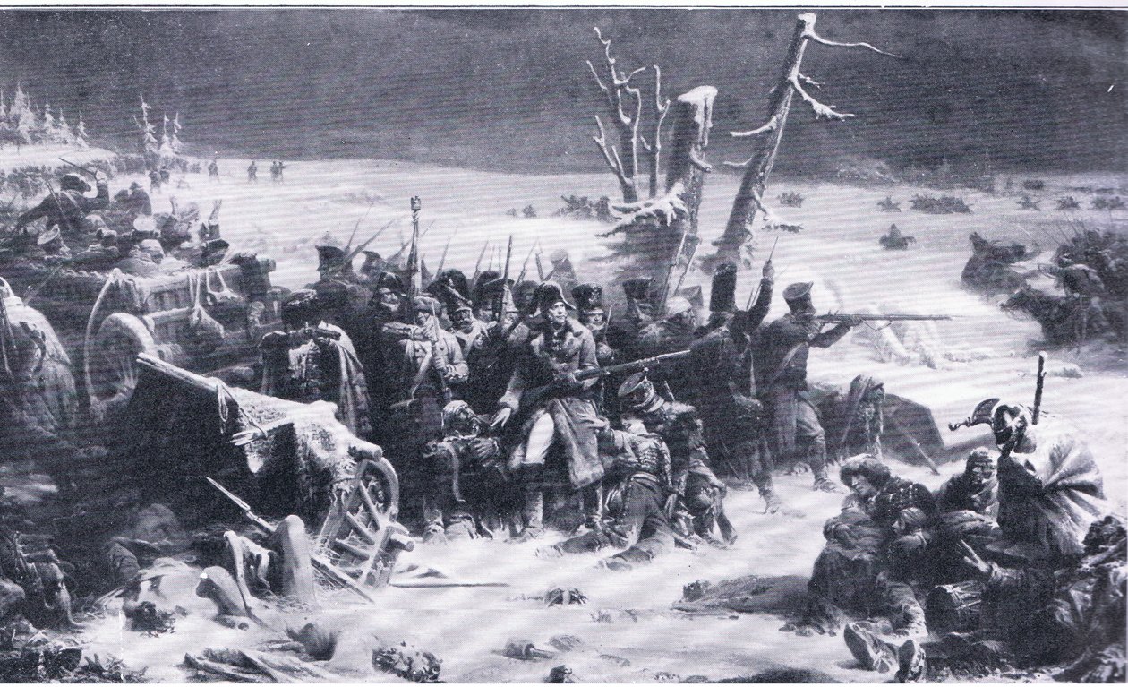 Marszałek Ney wspierający tylną straż podczas odwrotu z Moskwy, ilustracja z książki Zabytki w historii Europy wydanej przez Gresham Publishing Co, ok. 1920 (litografia) autorstwa Adolphe Yvon