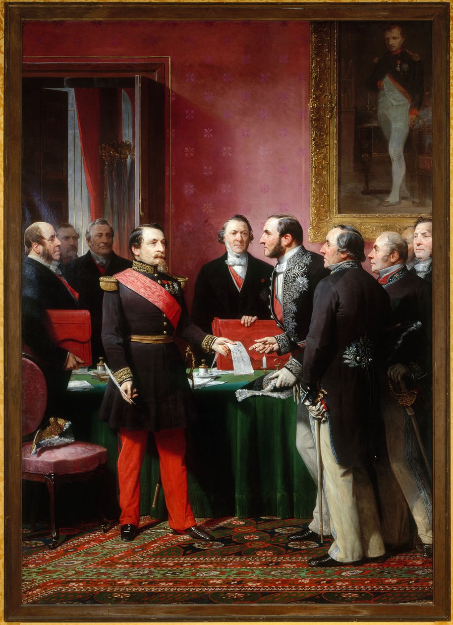 Napoleon III wręcza baronowi Haussmannowi dekret o przyłączeniu sąsiednich gmin (16 lutego). autorstwa Adolphe Yvon