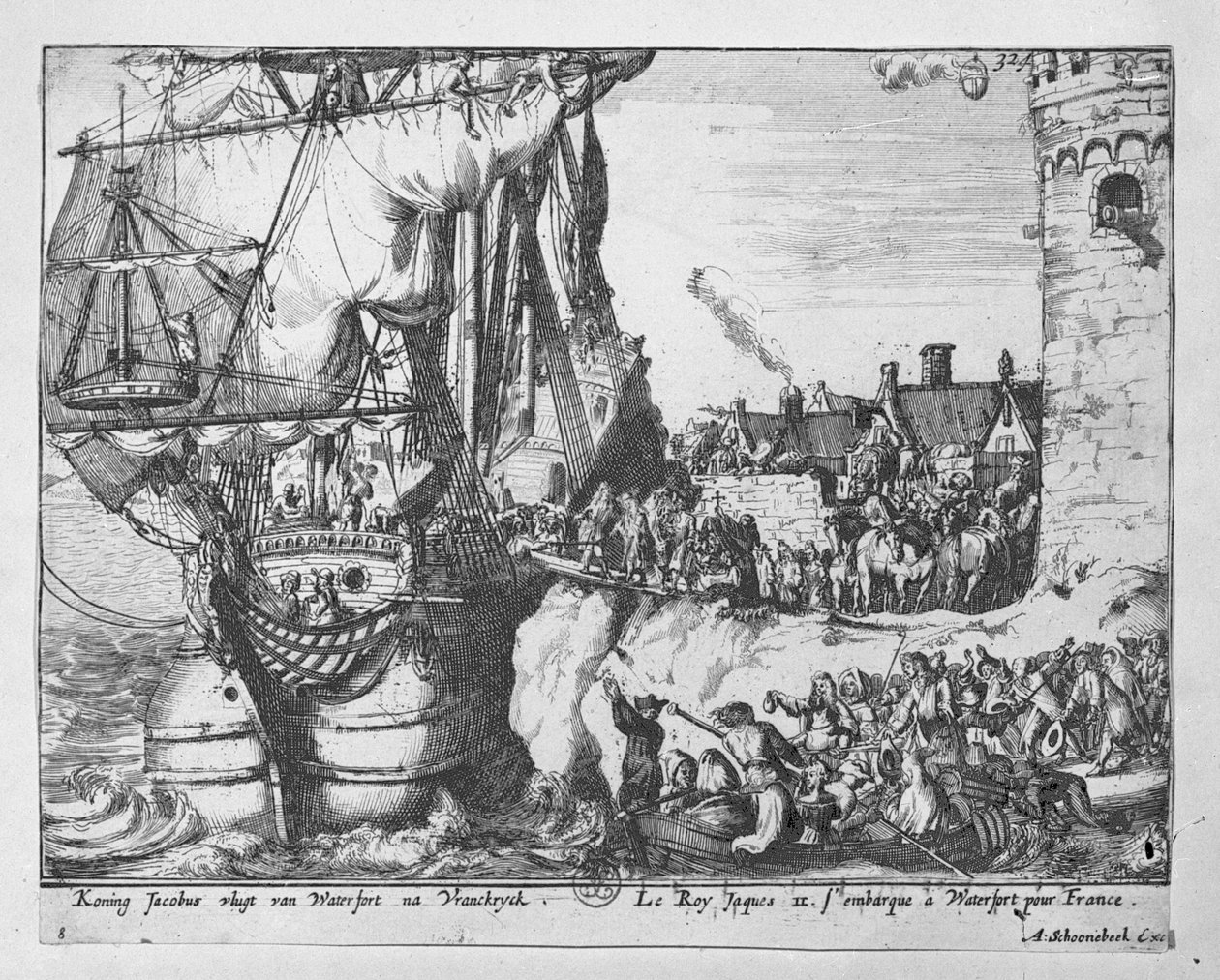 King James opuszcza Irlandię po klęsce w bitwie pod Boyne, 1690 autorstwa Adriaan Schoonebeek