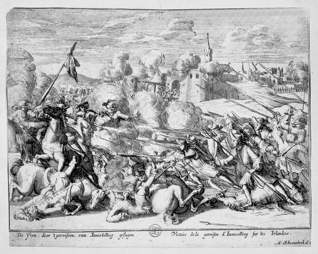Garnizon w Enniskillen broni miasta przed Jakubem II, 1689 autorstwa Adriaan Schoonebeek