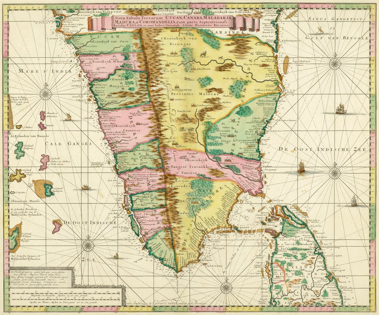 Mapa południowych Indii i Cejlonu, według pracy wykonanej około 1720 roku przez holenderskiego kartografa Adriaana Relanda autorstwa Adriaan Reland