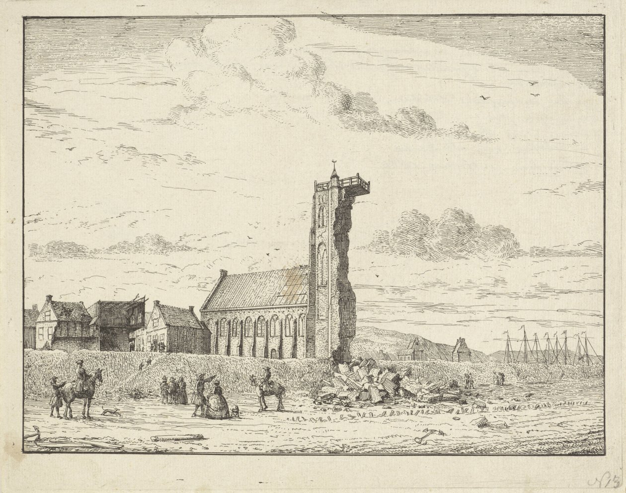 Zawalona wieża w Egmond aan Zee, 1741 autorstwa Adriaan Spinder