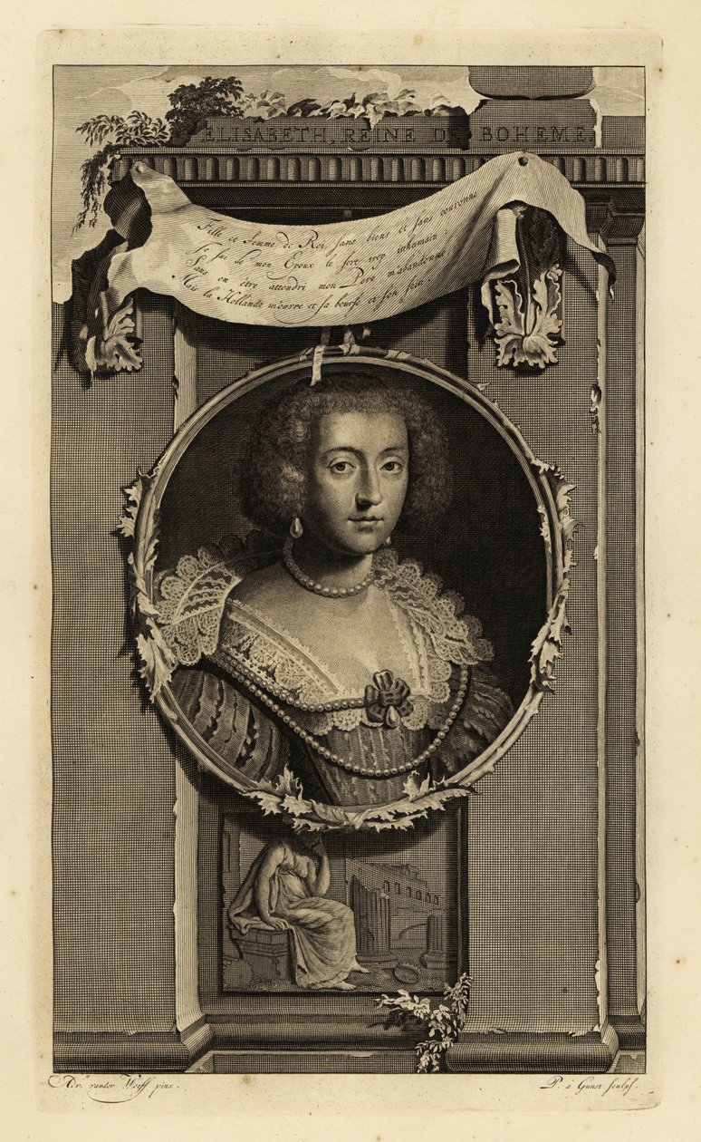Elżbieta Stuart, królowa Czech, elektorka Palatynatu, żona Fryderyka V, Króla Zimy. Elżbieta, Reine de Boheme. W sukience z dość rozciętymi rękawami, koronkowym kołnierzykiem z perełkami. Winieta przedstawiająca kobietę zastanawiającą się nad upadłą koroną autorstwa Adriaan van der (after) Werff
