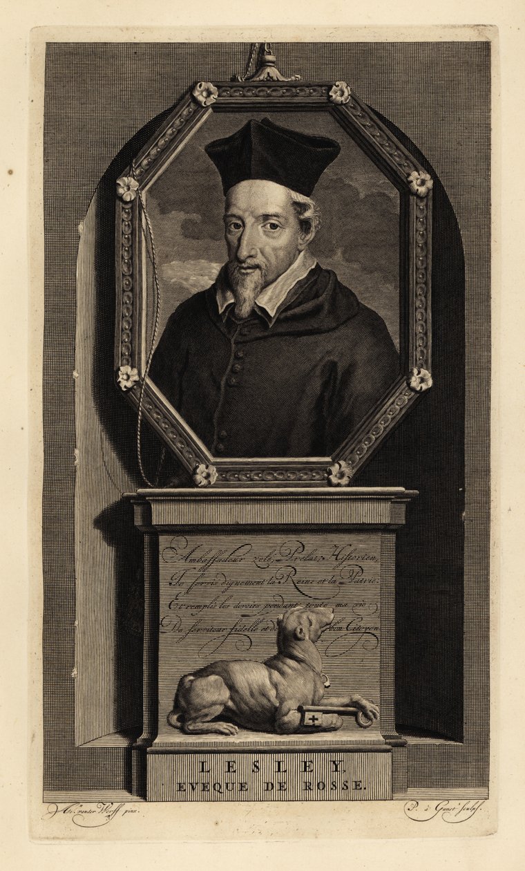 John Lesley, szkocki historyk i biskup Ross. Biskup Rossa. Pies z kluczem. Miedzioryt autorstwa Pietera Stevensa van Gunsta według Adriaena van der Werffa z Histoire d