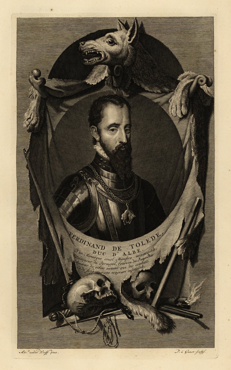 Portret Ferdynanda Alvareza de Toledo y Pimentel, 3. księcia Alby, czyli Żelaznego Księcia. W zbroi z łańcuchem Orderu Złotego Runa. Z wilczą skórą, ludzkimi czaszkami, mieczem, sztyletem i pistoletem skałkowym. Ferdynand de Tolede, książę d’Albe. Miedź autorstwa Adriaan van der (after) Werff