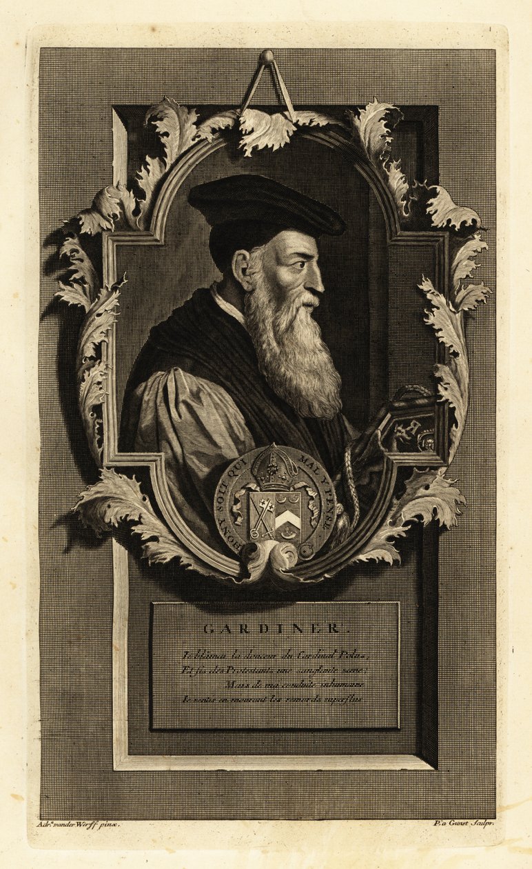 Portret Stephena Gardinera, biskupa Winchester i polityka. Z herbem. Miedzioryt autorstwa Pietera Stevensa van Gunsta według Adriaena van der Werffa z Histoire d