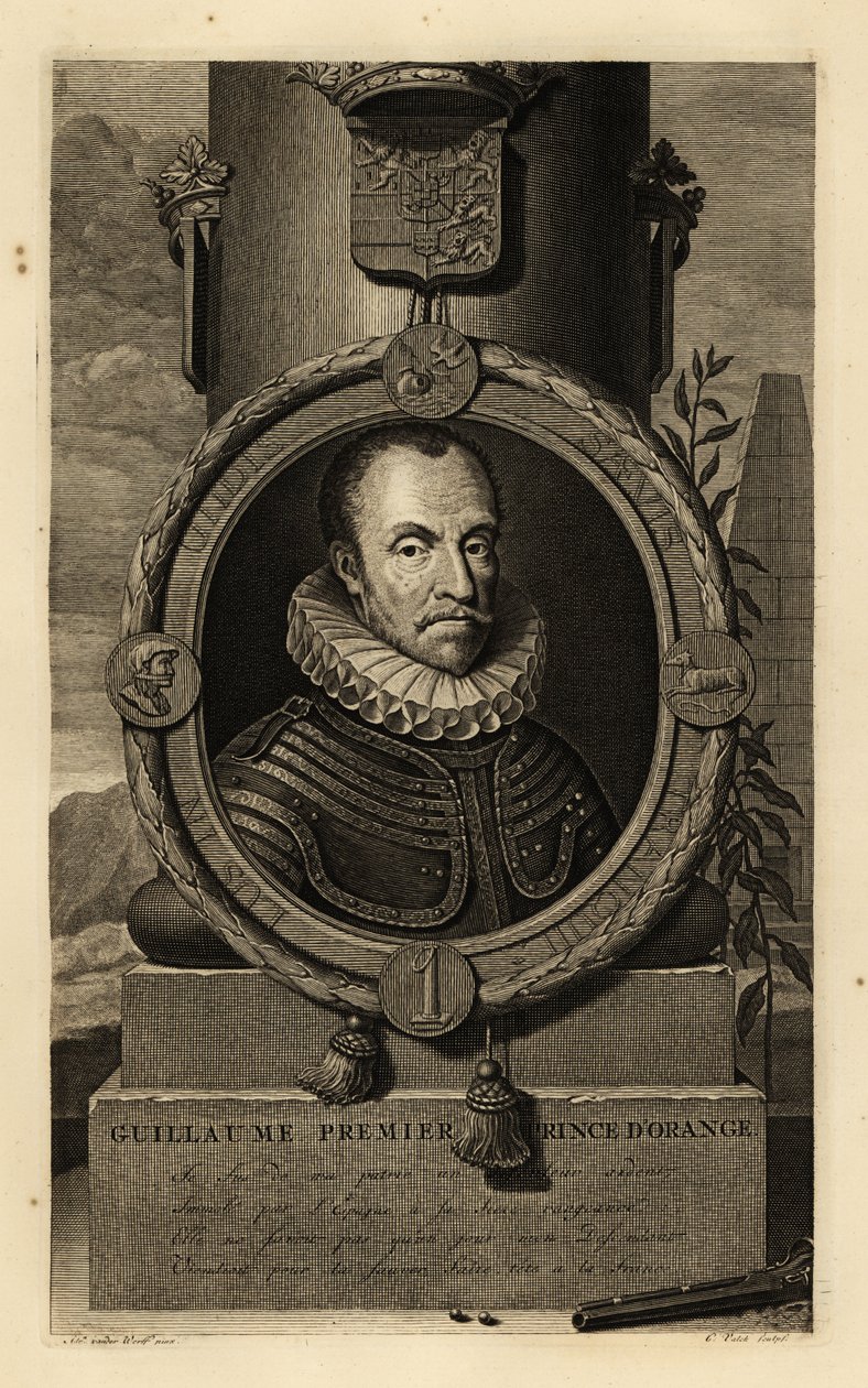 Wilhelm I, książę Orański, Wilhelm Cichy czy Wilhelm Małomówny. Guillaume, Premiera „Księcia Orańskiego”. W zbroi z koronkową kryzą, z herbem powyżej, pistoletem skałkowym i ołowianym śrutem poniżej. Miedzioryt autorstwa Gerarda Valcka według Adriaena va autorstwa Adriaan van der (after) Werff