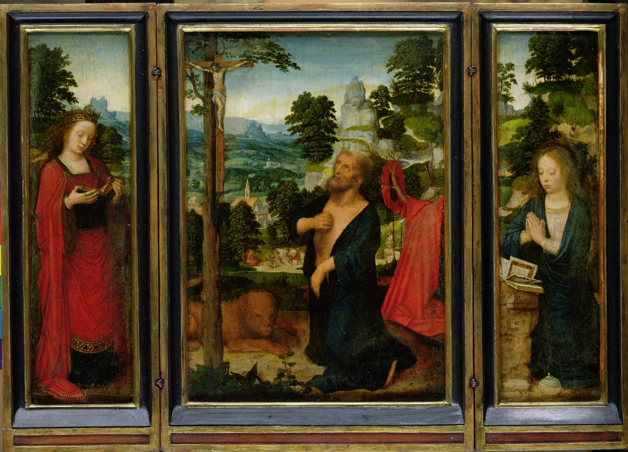 Tryptyk ze św. Hieronima, św. Katarzyną i Marią Magdaleną autorstwa Adriaen Isenbrandt or Isenbrant
