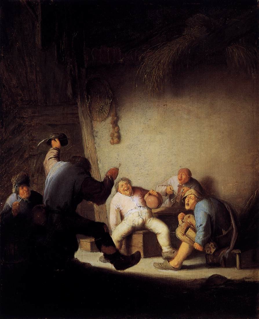 Chłopi pijący i muzykujący w stodole autorstwa Adriaen Jansz. van Ostade