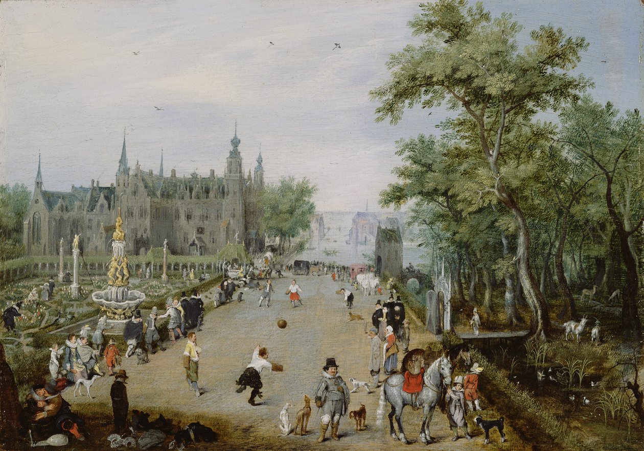 Jeu de Paume przed pałacem wiejskim, ok. 1614 autorstwa Adriaen Pietersz van de Venne