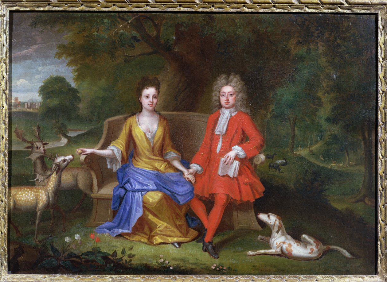 Portret sir Charlesa Shuckburgha i jego żony Diany, w tle Shuckburgh Hall, Warwickshire, ok. 1690 autorstwa Adriaen van Diest