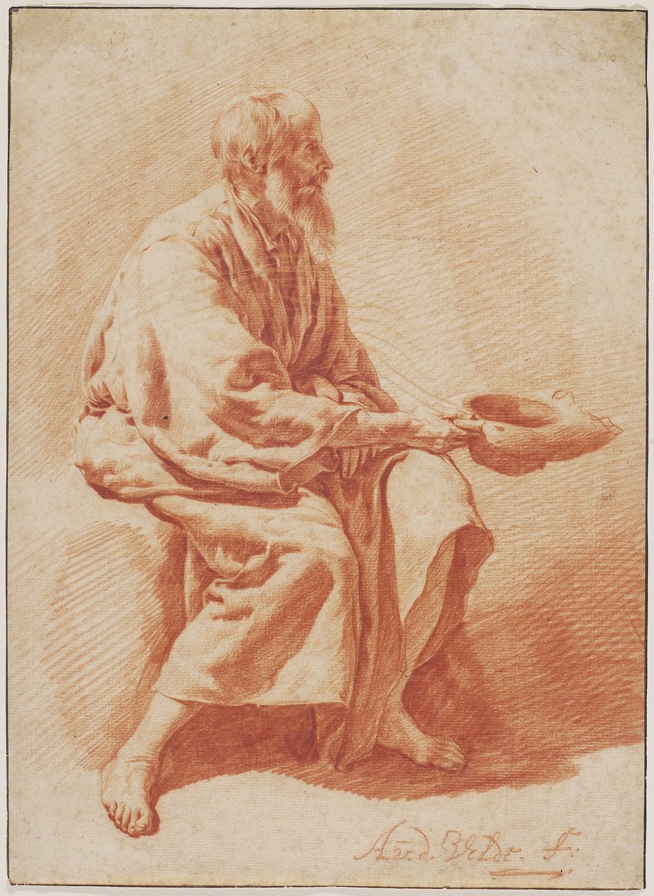 Siedzący starzec, ok. 1666 (czerwona kreda ze śladami czarnej kredy na papierze wykładanym) autorstwa Adriaen van de Velde