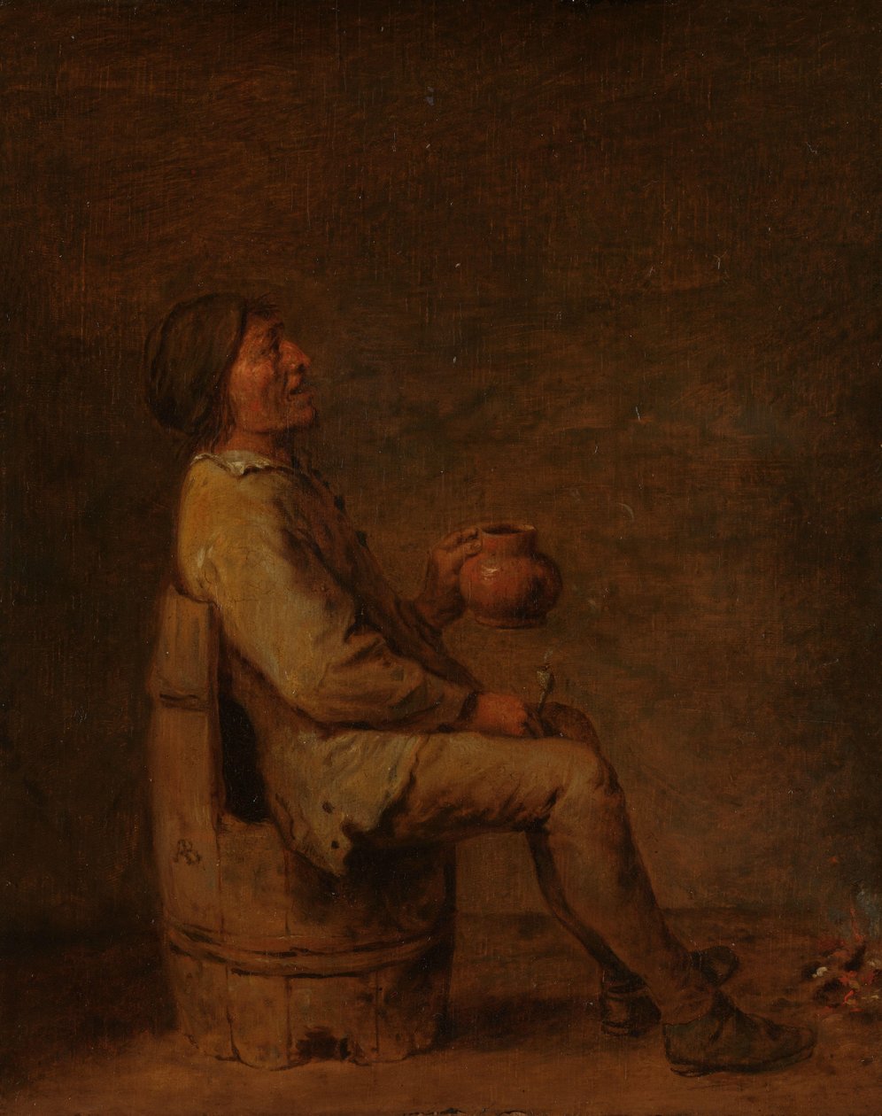 Siedzący mężczyzna trzymający fajkę i dzban we wnętrzu autorstwa Adriaen Brouwer (possibly copy after)