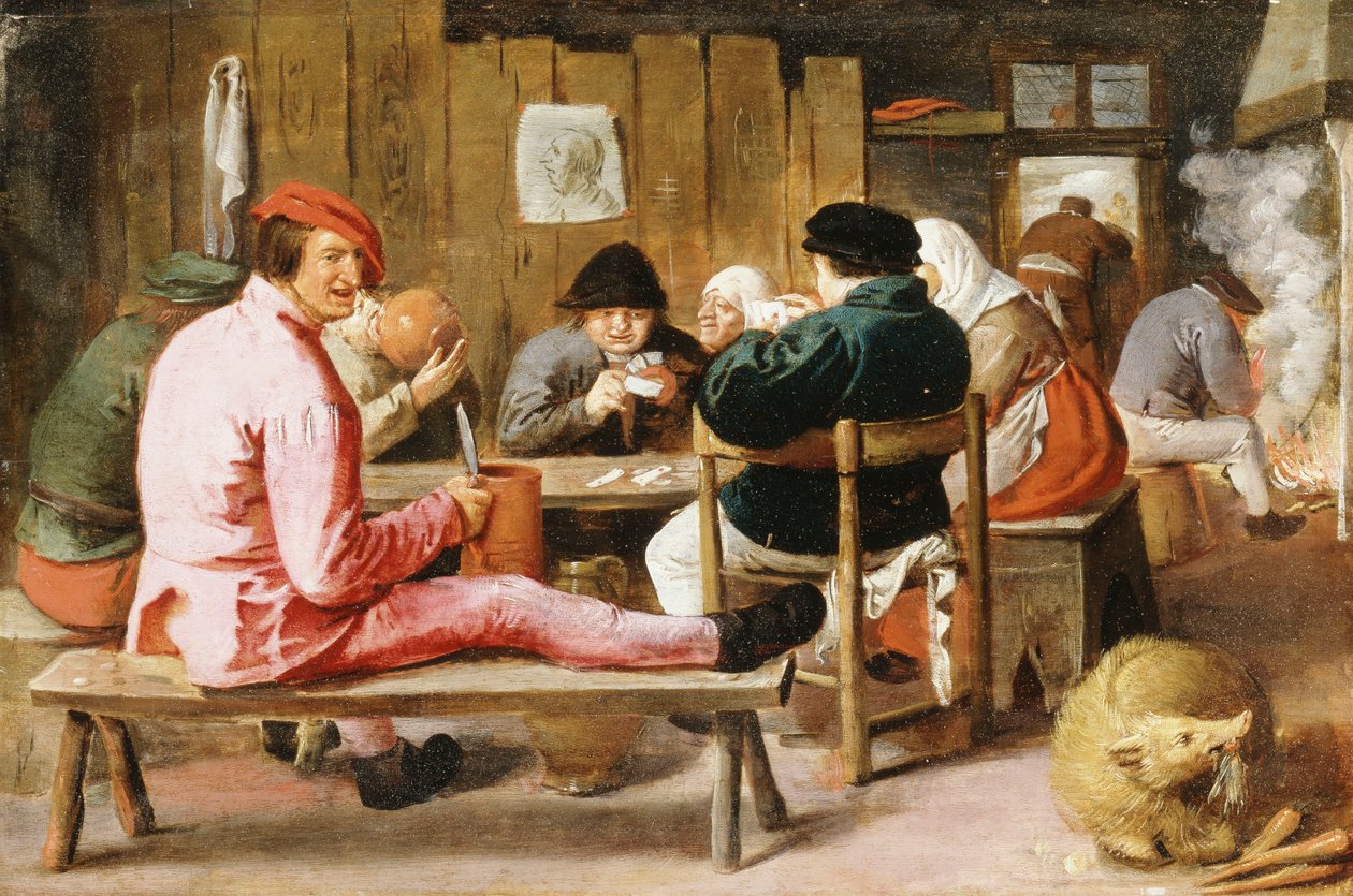 Bory palą i piją przy stole w tawernie, ok. 1625 autorstwa Adriaen Brouwer