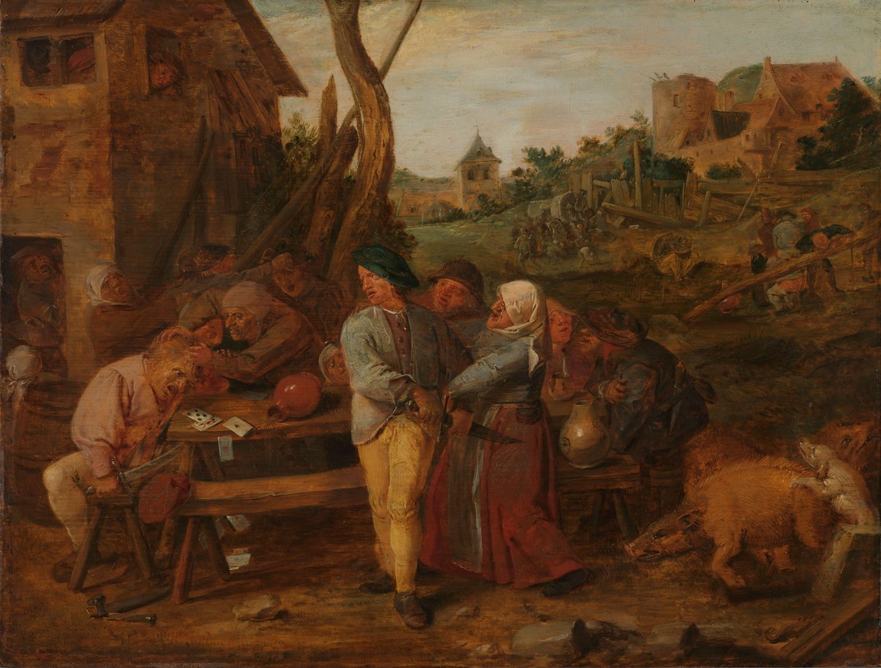 Walka karciana poza wiejską tawerną autorstwa Adriaen Brouwer