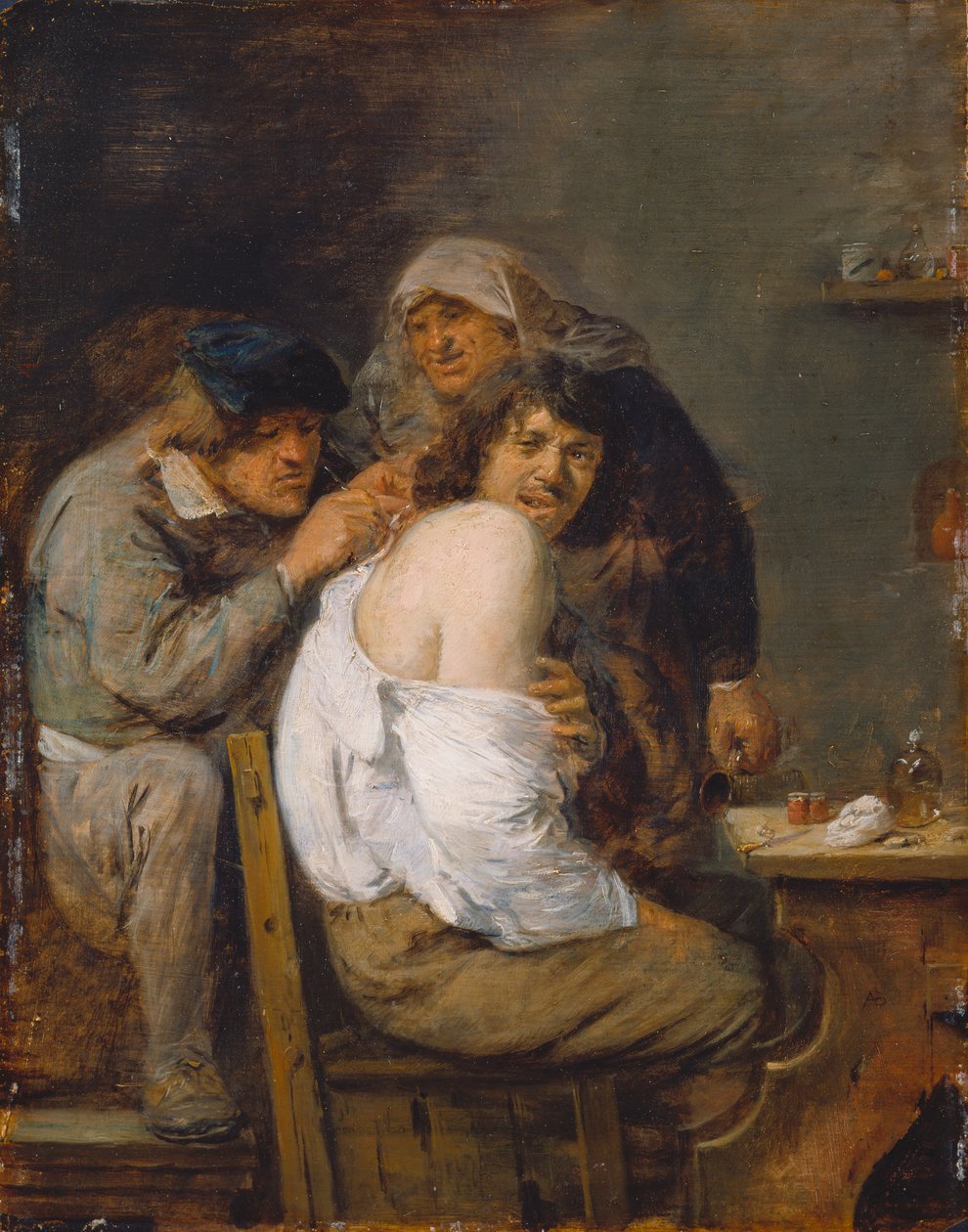 Operacja na plecach, ok. 1636 (olej na drewnie) autorstwa Adriaen Brouwer