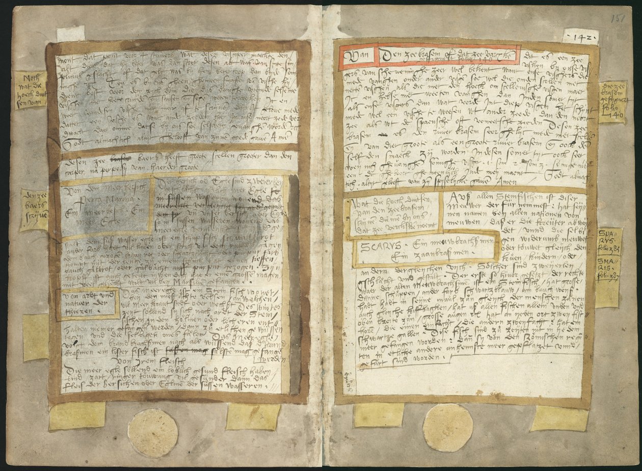 Visboeck Adriaena Coenena - KB 78 E 54 - folio 150v (po lewej) i 151r (po prawej) autorstwa Adriaen Coenen