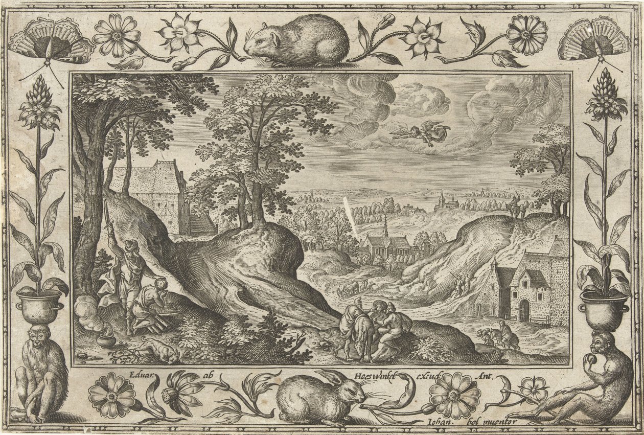 Abraham składa w ofierze Izaaka Pejzaże ze scenami biblijnymi, mitologicznymi i polowaniami (tytuł serii) autorstwa Adriaen Collaert