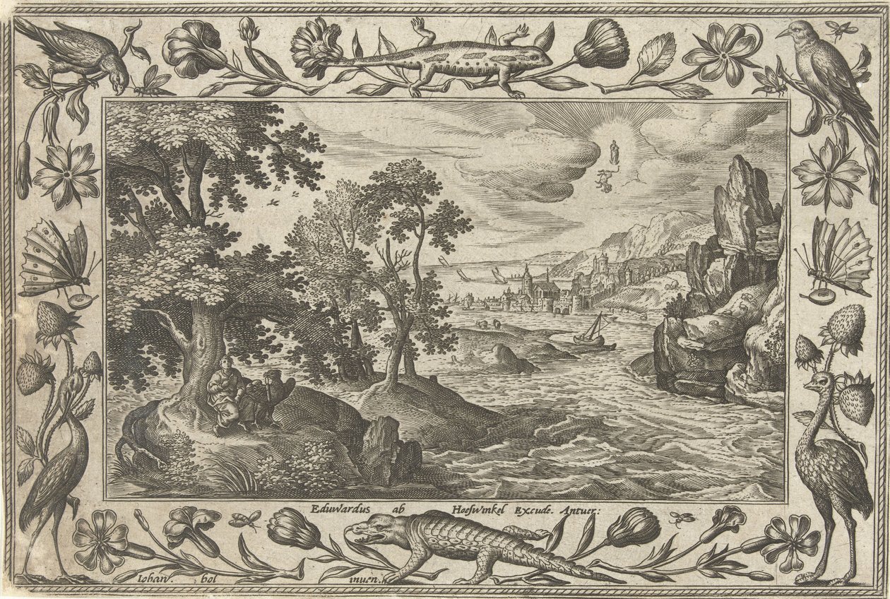 Apostoł Jan na Patmos Pejzaże ze scenami biblijnymi, mitologicznymi i polowaniami (tytuł serii) autorstwa Adriaen Collaert