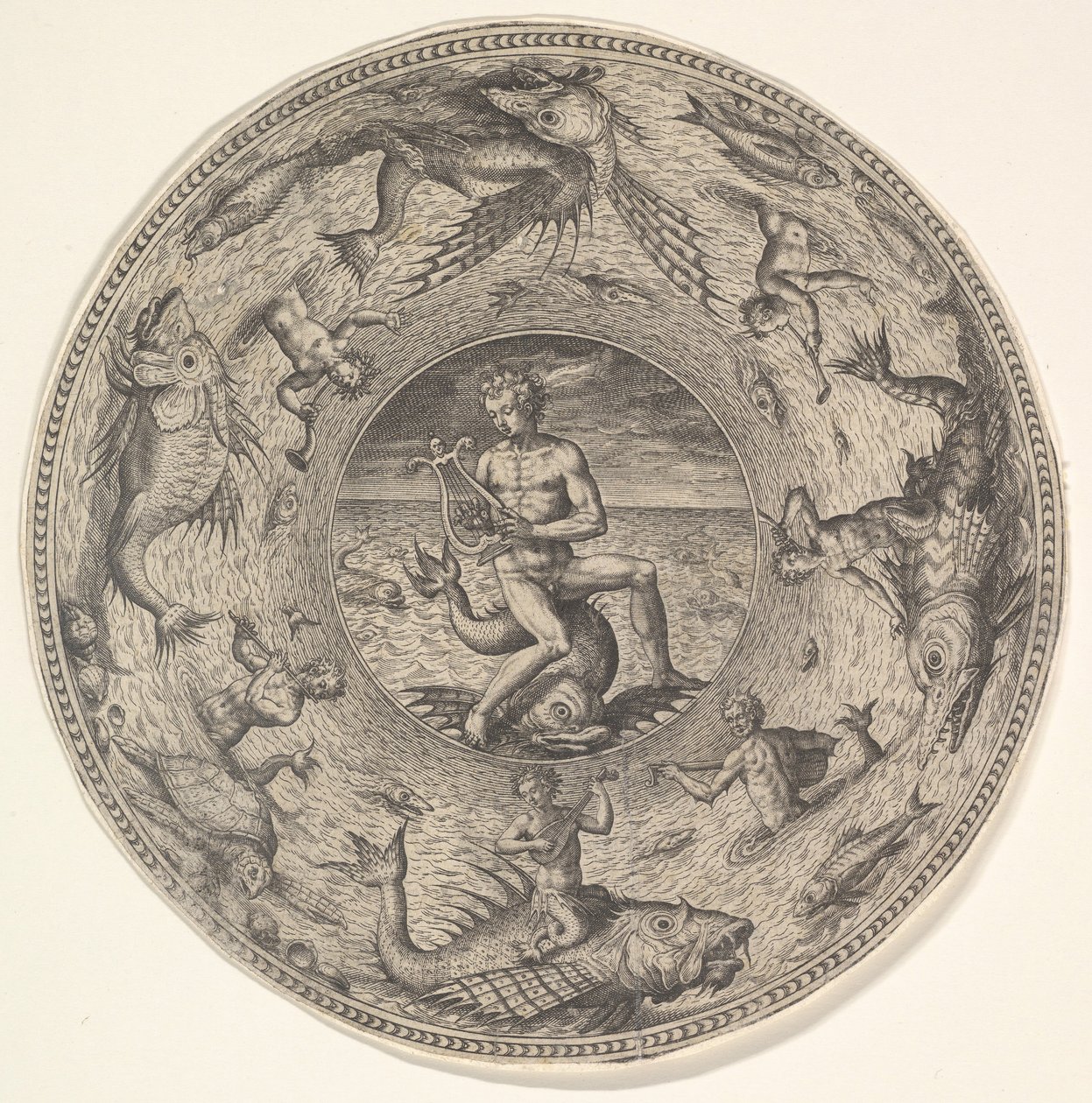 Arion na delfinie otoczony bordiurą ozdobioną istotami morskimi, z zestawu..., 1580-1600. autorstwa Adriaen Collaert
