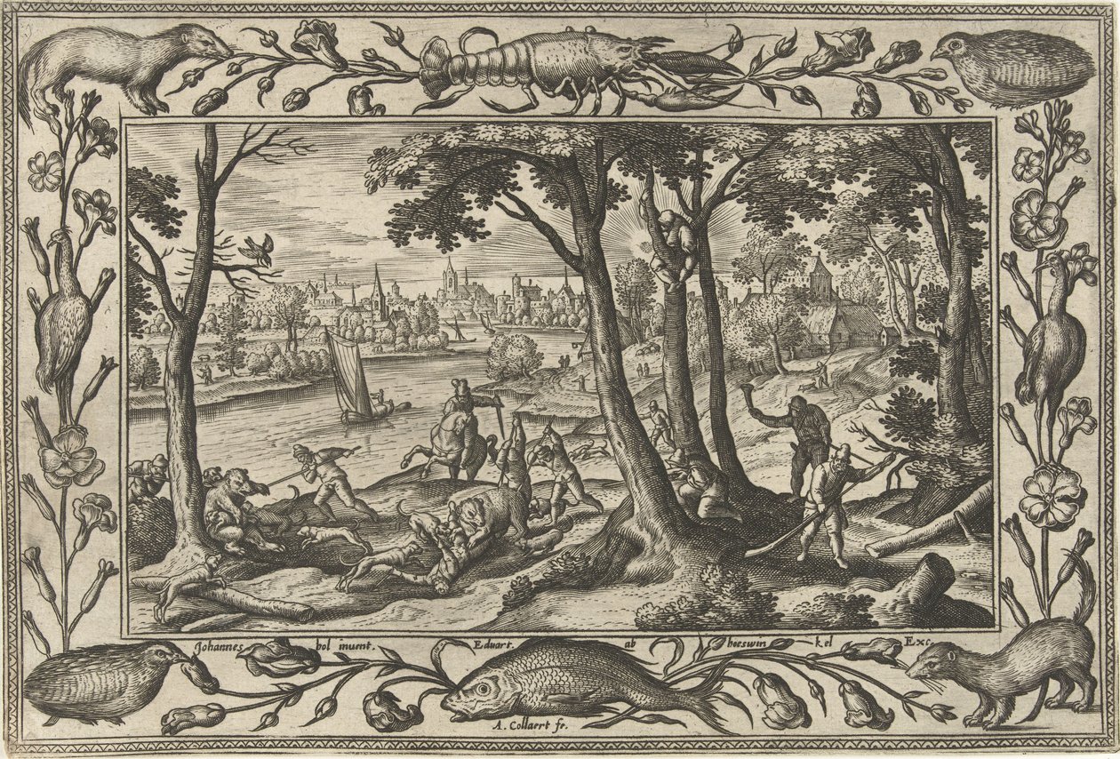 polowanie na niedźwiedzie Pejzaże ze scenami biblijnymi, mitologicznymi i polowaniami (tytuł serii) autorstwa Adriaen Collaert