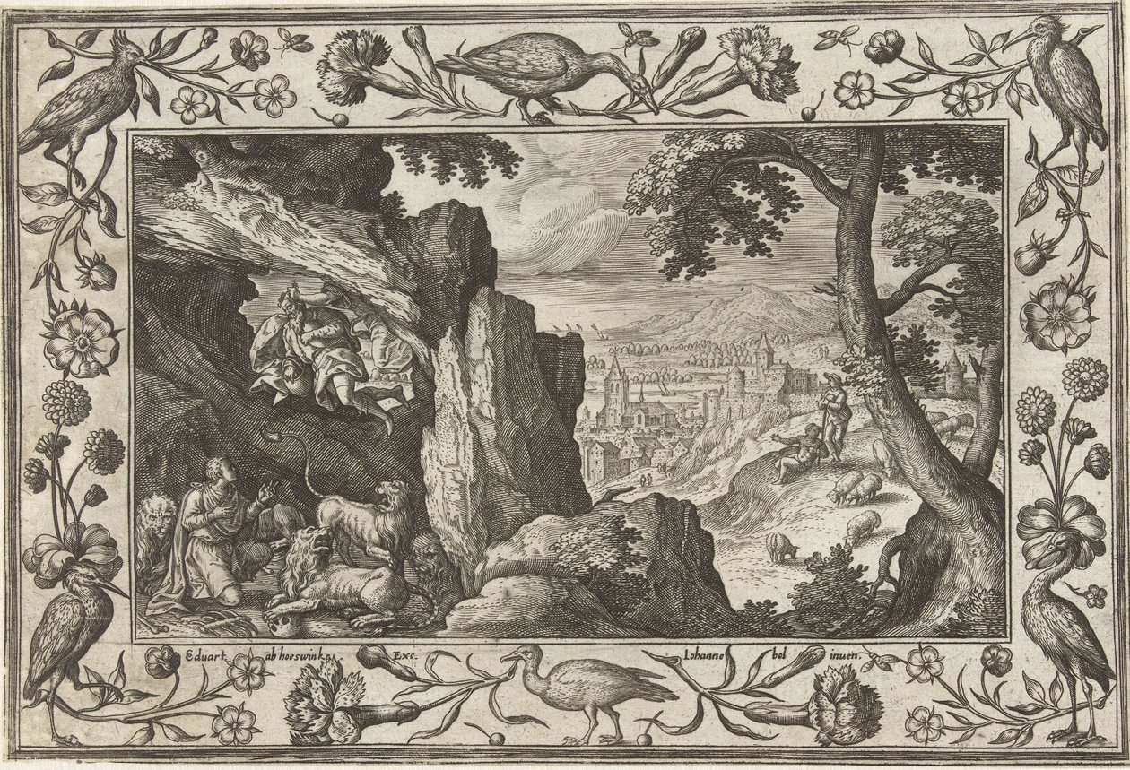 Daniel w lwiej jamie Pejzaże ze scenami biblijnymi, mitologicznymi i polowaniami (tytuł serii) autorstwa Adriaen Collaert