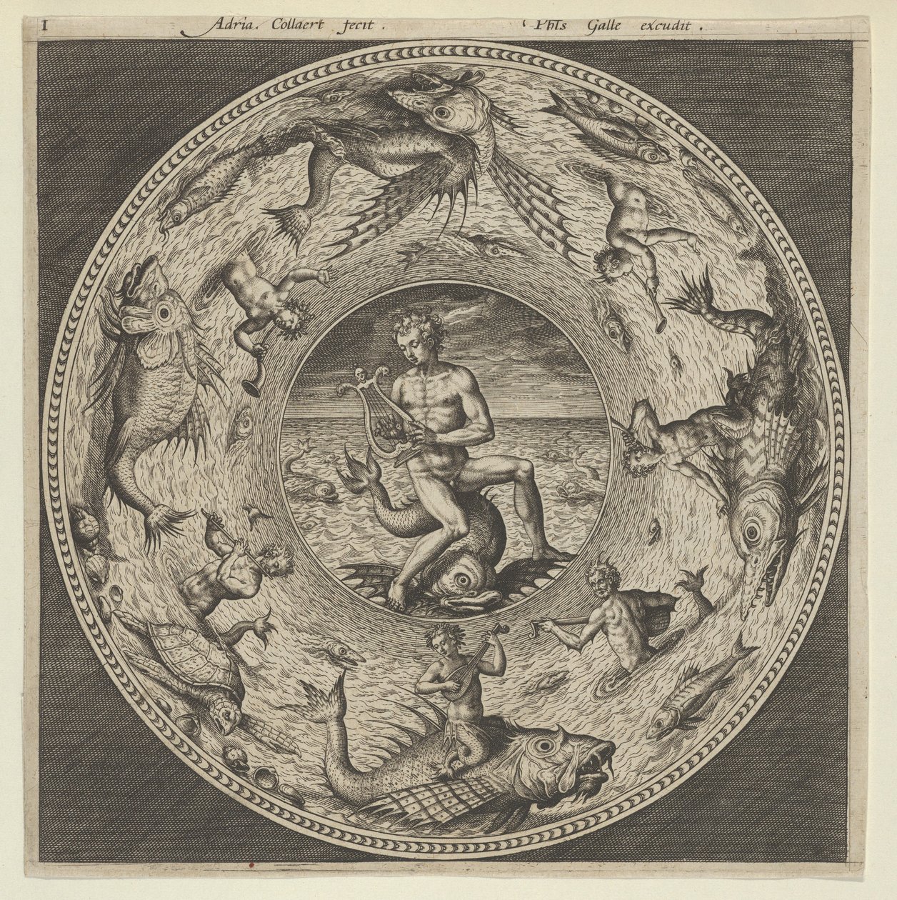 Projekt na talerz z Arionem jadącym na delfinie w medalionie otoczonym przez morskie potwory..., c1600. autorstwa Adriaen Collaert