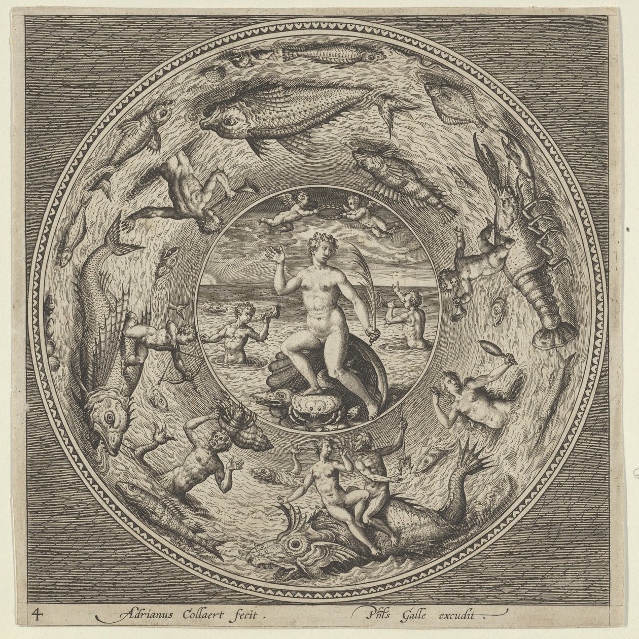 Projekt na talerz z Galateą na muszli otoczonej przez trębaczy w ramce z medalionem..., c1600. autorstwa Adriaen Collaert