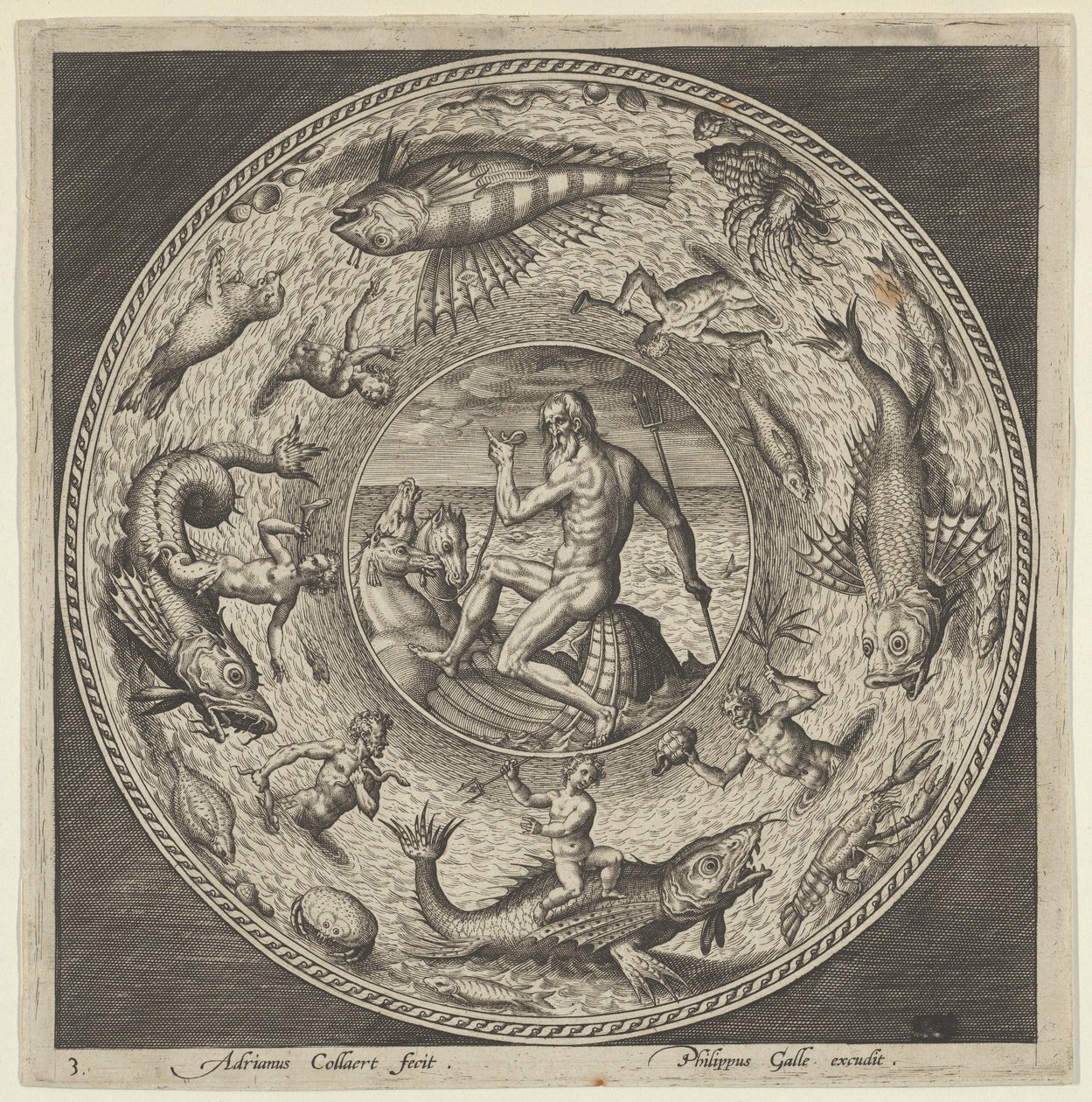 Projekt na talerz z Neptunem w muszli narysowanej przez konie w medalionie w obramowaniu ..., c1600. autorstwa Adriaen Collaert