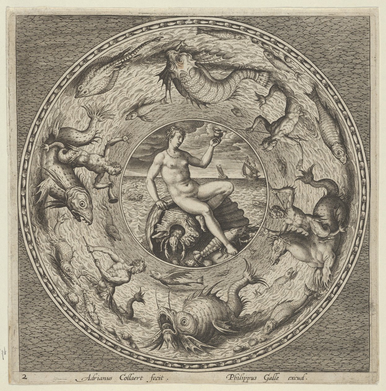 Projekt na talerz z Tetydą na muszli w medalionie z potworami morskimi, c1600. autorstwa Adriaen Collaert