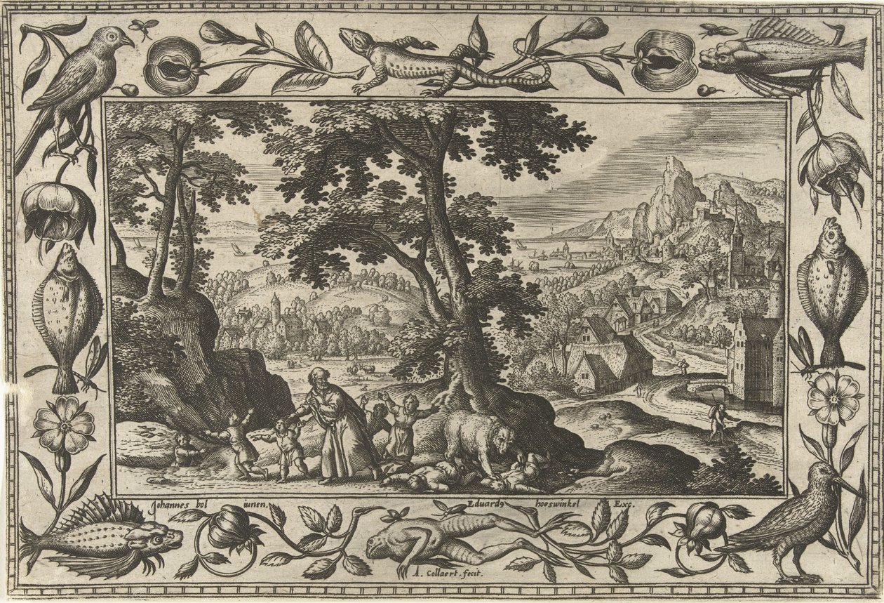 Elisa przeklina irytujące dzieci Pejzaże ze scenami biblijnymi, mitologicznymi i polowaniami (tytuł serii) autorstwa Adriaen Collaert